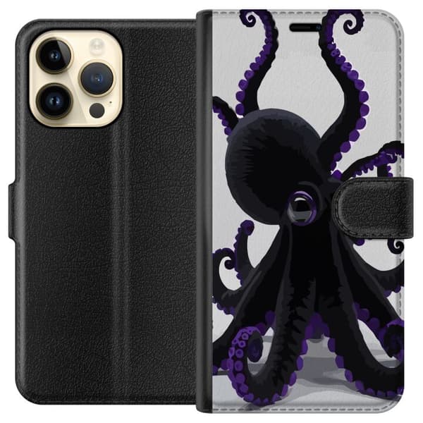 Kompatibel Tegnebogsetui til Apple iPhone 15 Pro Max Sort blæksprutte med lilla detaljer i et elegant havtema mod en lys baggrund sort