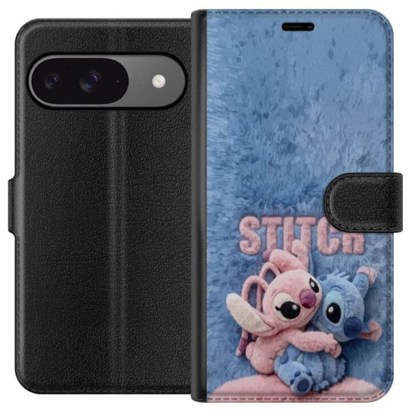 Kompatibel Tegnebogsetui til Google Pixel 9 Søde lyserøde og blå tegneseriefigurer, der krammer mod en blød luvblå baggrund med stor pink tekst blå