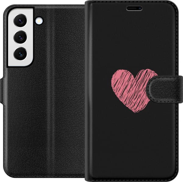 Kompatibel Tegnebogsetui til Samsung Galaxy S22+ 5G Håndtegnet lyserødt hjerte på sort minimalistisk baggrund