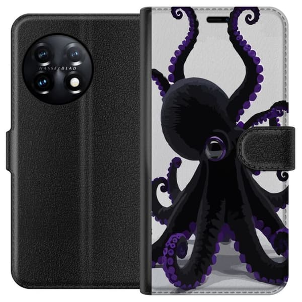 Kompatibel Tegnebogsetui til OnePlus 11 Sort blæksprutte med lilla detaljer i et elegant havtema mod en lys baggrund sort