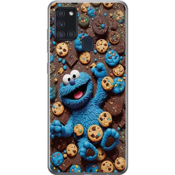 Kompatibelt Mobildeksel til Samsung Galaxy A21s Leken blå tegnet figur omgitt av informasjonskapsler blå