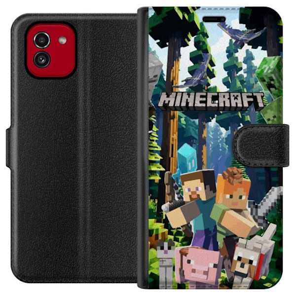 Samsung Galaxy A03 Tegnebogsetui Minecraft mobiltelefon dækning med skov og pixel karakterer