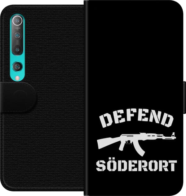 Kompatibel Tegnebogsetui til Xiaomi Mi 10 5G Sort Söderort - hvidt områdeslogan og hvid våbensilhuet på sort baggrund sort