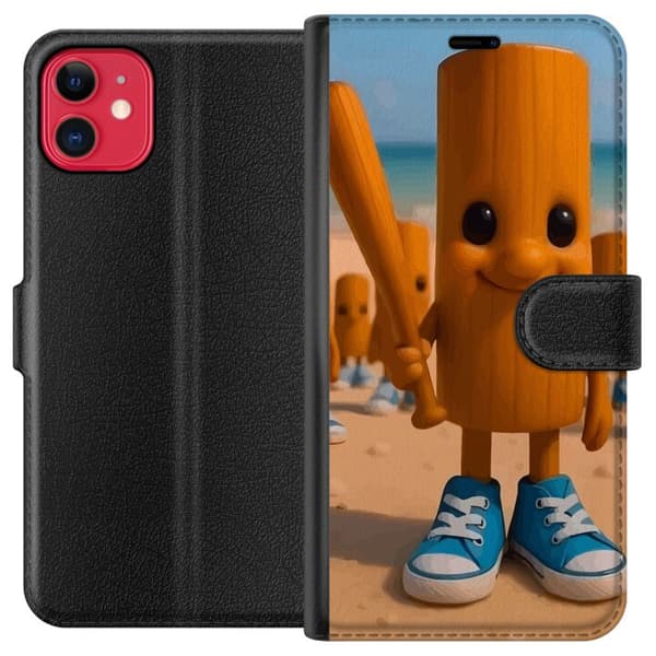 Kompatibel Tegnebogsetui til Apple iPhone 11 Italian Brainrot strandmotiv – Træfigur med blå sko og baseballbat