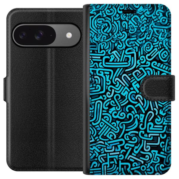 Kompatibelt Plånboksfodral till Google Pixel 9 Pro Abstrakt blått graffitimönster med moderna grafiska former blå