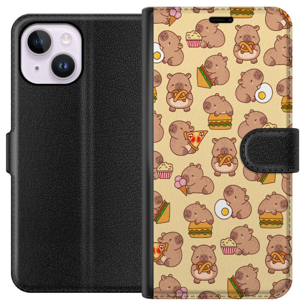 Apple iPhone 15 Plus Tegnebogsetui Kawaii capybara mobilcover med flere søde figurer