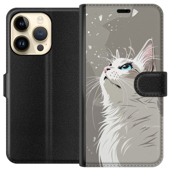 Kompatibel Tegnebogsetui til Apple iPhone 15 Pro Stilren illustration af en hvid kat med blå øjne, der kigger opad mod en grå baggrund grå