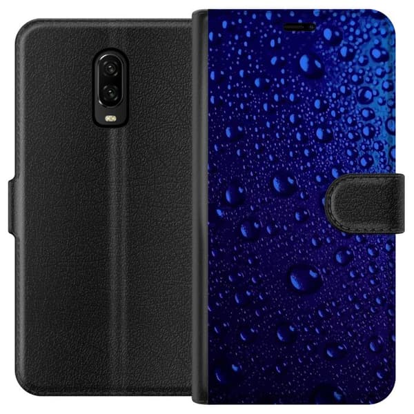 Kompatibelt Lommeboketui til OnePlus 6T Abstrakt nærbilde med blå vanndråper mot mørkeblå bakgrunn blå