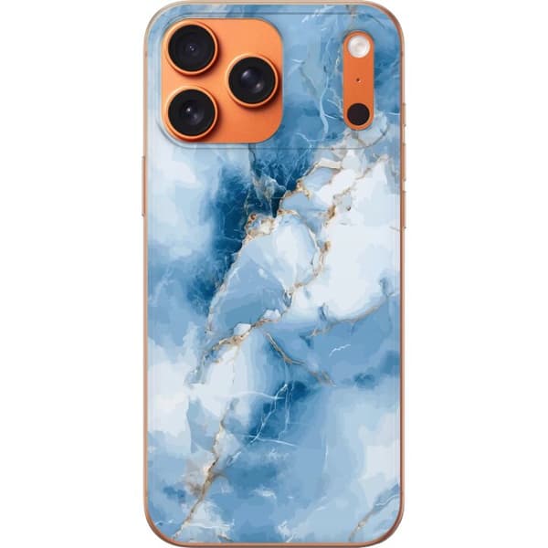 Kompatibelt Mobildeksel til Apple iPhone 18 Pro Max Lyseblå og hvit marmor med dypblå partier og tynne guldfargede årer blå