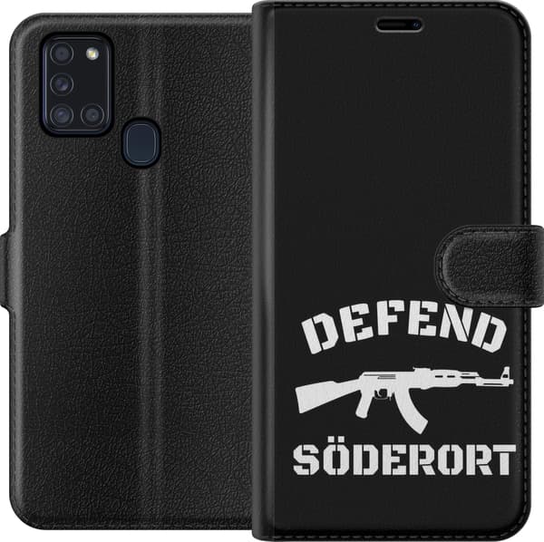 Kompatibel Tegnebogsetui til Samsung Galaxy A21s Sort Söderort - hvidt områdeslogan og hvid våbensilhuet på sort baggrund sort