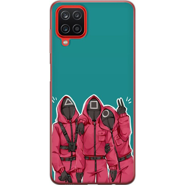 Samsung Galaxy A12 Genomskinligt Skal Squid Game Karaktärer Grafisk Design Seriefigurer Populär TV Motiv Asiatisk Stil Spännande Trend