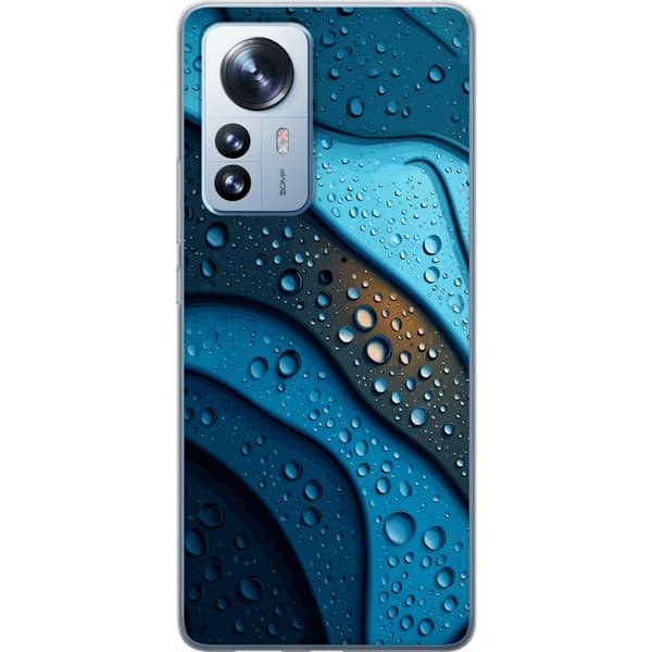 Kompatibelt Mobildeksel til Xiaomi 12 Pro Blå abstrakte bølger med glitrende vanndråper i moderne grafisk design blå
