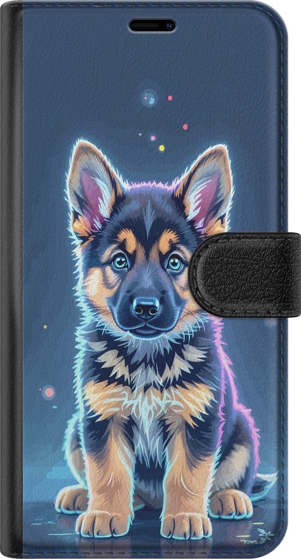 Kompatibelt Plånboksfodral till Apple iPhone 12 mini Neonbelyst schäfervalp med blå och lila ljuseffekter blå
