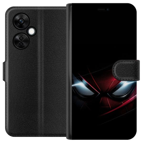 Kompatibel Tegnebogsetui til OnePlus Nord CE3 Mørkerød og sort superheltemaske med lysende hvide øjne sort