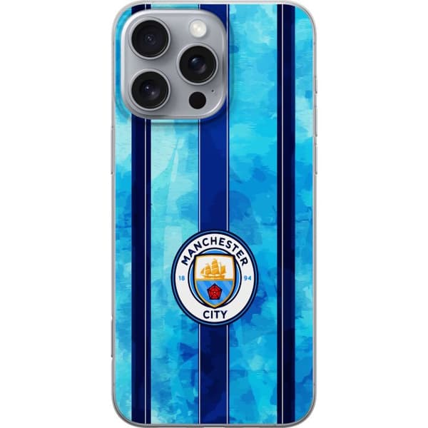 Kompatibel Mobilcover til Apple iPhone 16 Pro Max Stort cirkelformet fodboldemblem mod lyseblå og mørkeblå lodrette striber med subtil tekstur blå