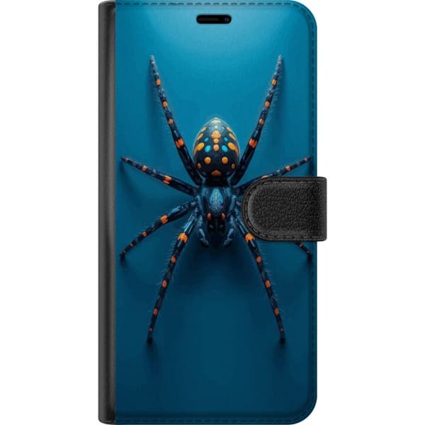 Kompatibel Tegnebogsetui til Google Pixel 6a Dramatisk makroillustration af eksotisk edderkop i blå og orange mod minimalistisk baggrund