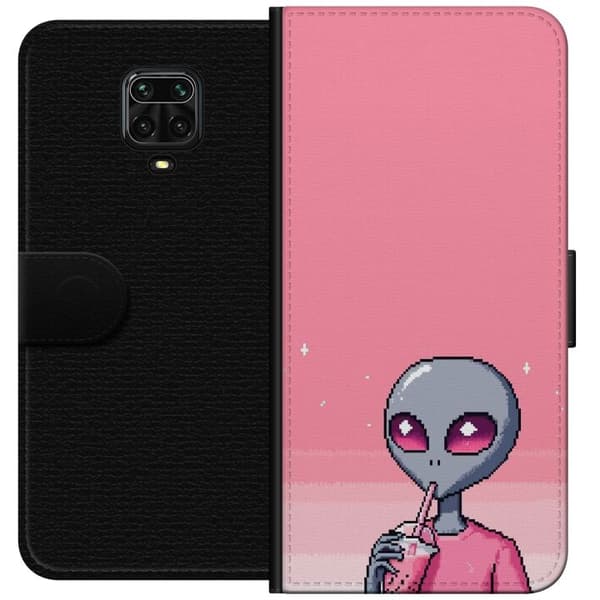 Kompatibel Tegnebogsetui til Xiaomi Redmi Note 9 Pro Retro-pixelillustration af en grå alien, der drikker lyserød drik på lyserød baggrund pink