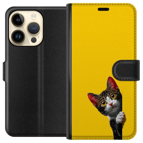 Kompatibel Tegnebogsetui til Apple iPhone 14 Pro Sød kat, der kigger ud mod gul minimalistisk baggrund gul