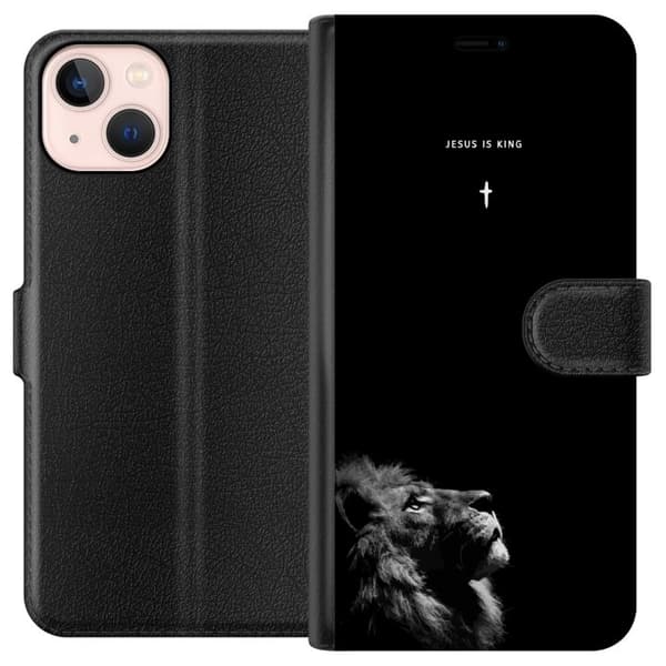 Kompatibelt Plånboksfodral till Apple iPhone 13 mini Lejon med Jesus is King citat svart