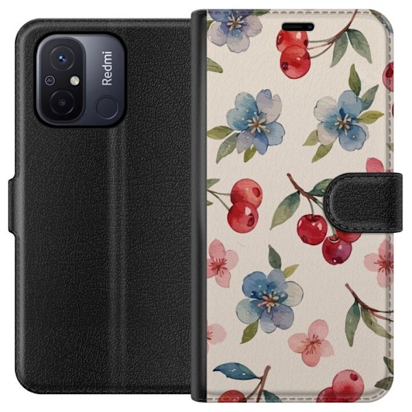 Xiaomi Redmi 12C Plånboksfodral Bär & Blommor – mönster med blå blommor och skogsbär