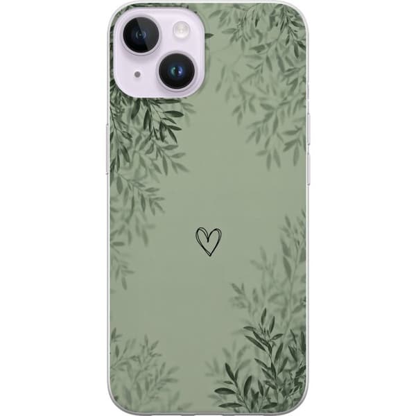 Kompatibelt Mobildeksel til Apple iPhone 15 Plus Grønt botanisk motiv med skyggefulle blader og minimalistisk hjerte grønn