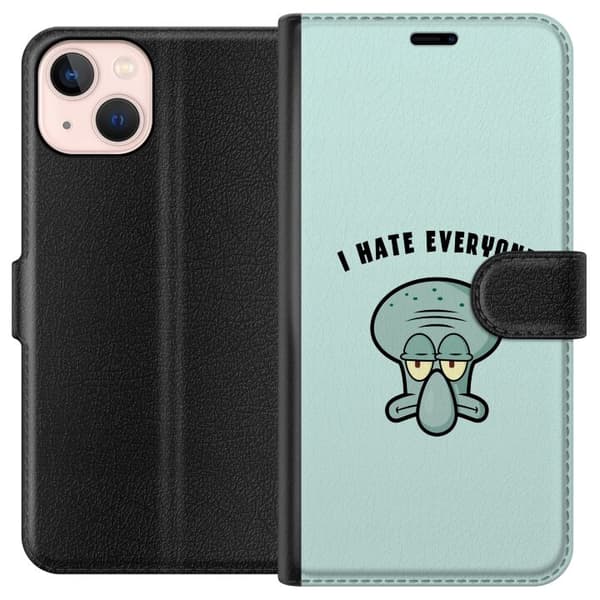 Kompatibel Tegnebogsetui til Apple iPhone 13 mini Tegnet utilfreds blækspruttefigur med teksten I Hate Everyone på lyse turkis baggrund blå