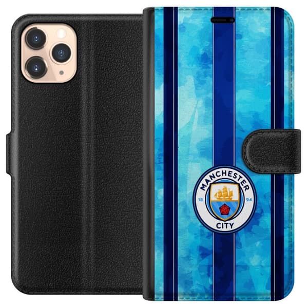 Kompatibel Tegnebogsetui til Apple iPhone 11 Pro Stort cirkelformet fodboldemblem mod lyseblå og mørkeblå lodrette striber med subtil tekstur blå