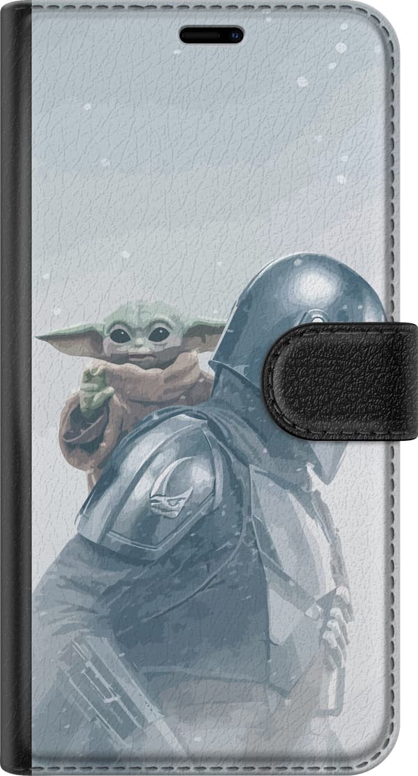 Kompatibelt Plånboksfodral till Xiaomi Redmi Note 15 Pro+ Mandalorian med Grogu i ett ljusgrått snölandskap grå