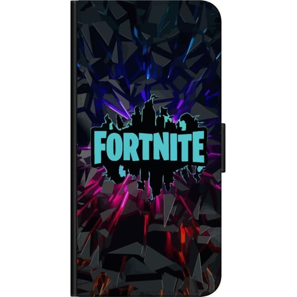 Kompatibel Tegnebogsetui til OnePlus 9 Pro Fortnite-logo – Sort baggrund med blå neon og farvede lys