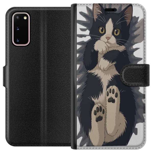 Kompatibel Tegnebogsetui til Samsung Galaxy S20 Illustreret sort-hvid kat med synlige poter og store gule øjne sort