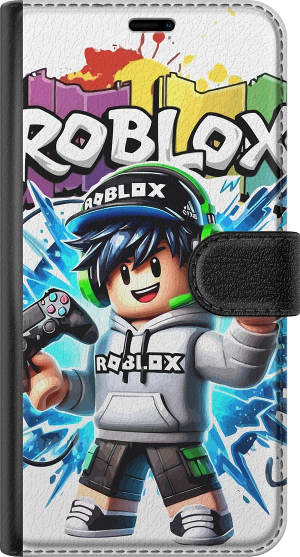Kompatibel Tegnebogsetui til Apple iPhone XS Max Roblox-spilkarakter med headset og controller foran farvestænk