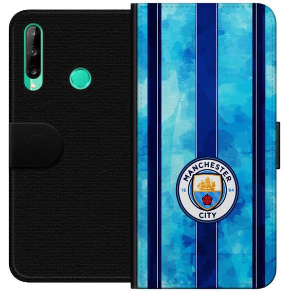 Kompatibel Tegnebogsetui til Huawei P40 lite E Stort cirkelformet fodboldemblem mod lyseblå og mørkeblå lodrette striber med subtil tekstur blå