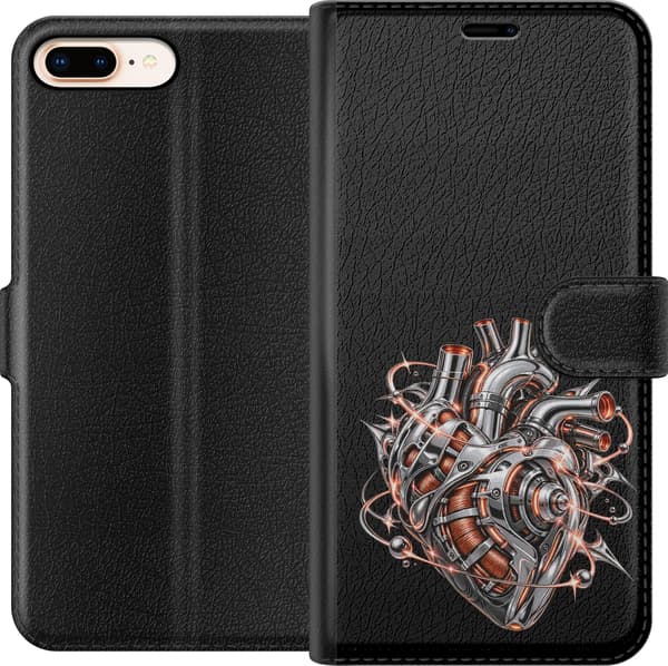 Kompatibel Tegnebogsetui til Apple iPhone 8 Plus Sølvfarvet mekanisk hjerte med rør, orange spoler og lysende detaljer sølv