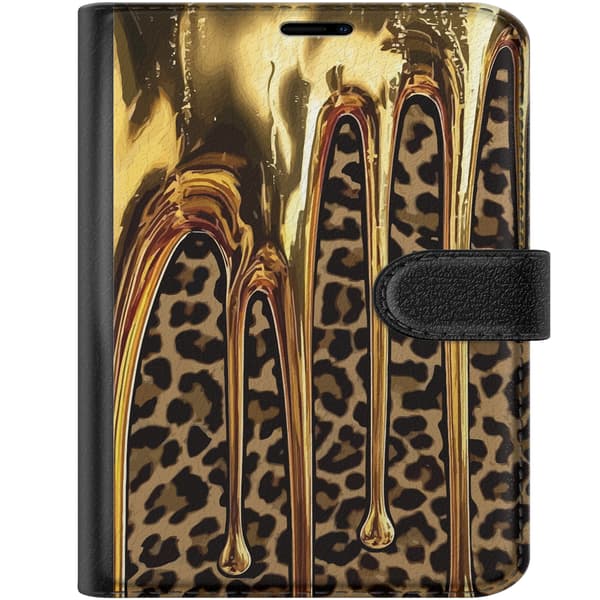 Kompatibel Tegnebogsetui til Apple iPhone Duo Guldfarvede flydende former over brunt og sort leopardmønster guld