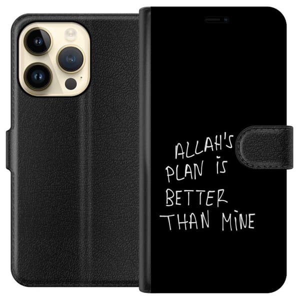 Kompatibel Tegnebogsetui til Apple iPhone 14 Pro Allahs plan er bedre end min, sort-hvidt tekstdesign med et islamisk citat og minimalistisk udtryk sort