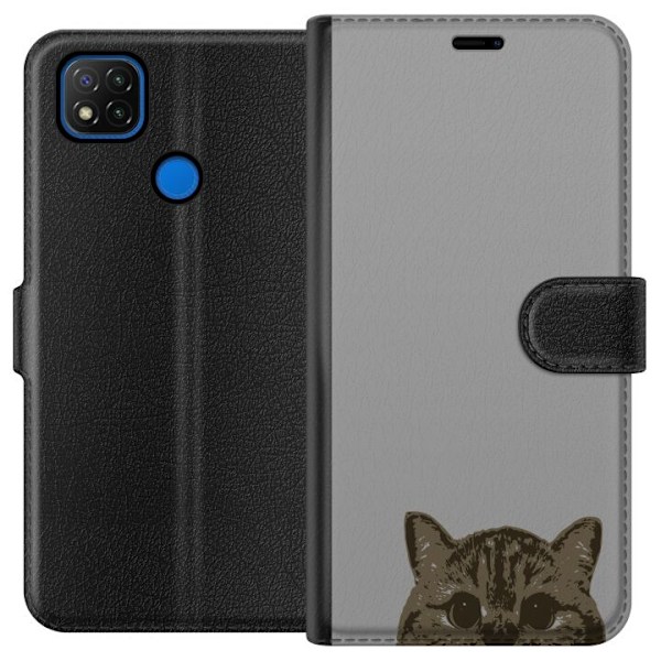 Xiaomi Redmi 9C Plånboksfodral Grå Kattblick – stilren kattdesign med grå bakgrund