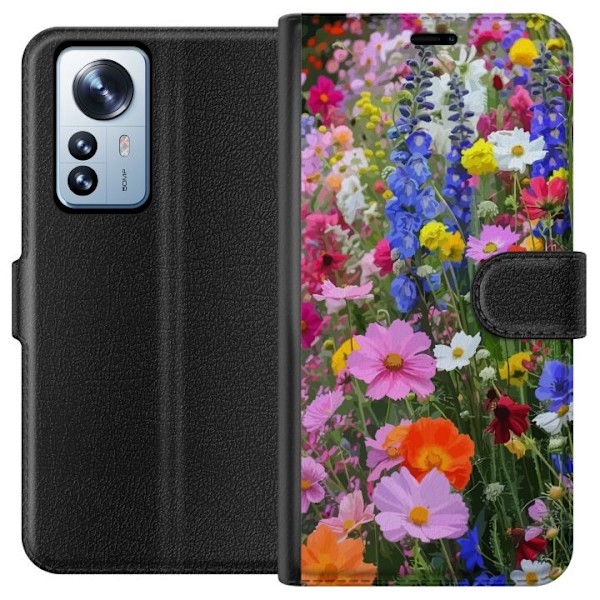 Xiaomi 12 Pro Lompakkokotelo Kukkakuvioinen mobiilikuori kesäisellä niityllä ja luontomaisemalla