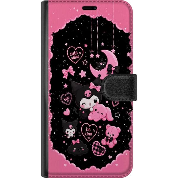 Kompatibel Tegnebogsetui til Apple iPhone 16 Pro Max Søde lyserøde og sorte gothfigurer med hjerter, måne, stjerner og positiv tekst sort