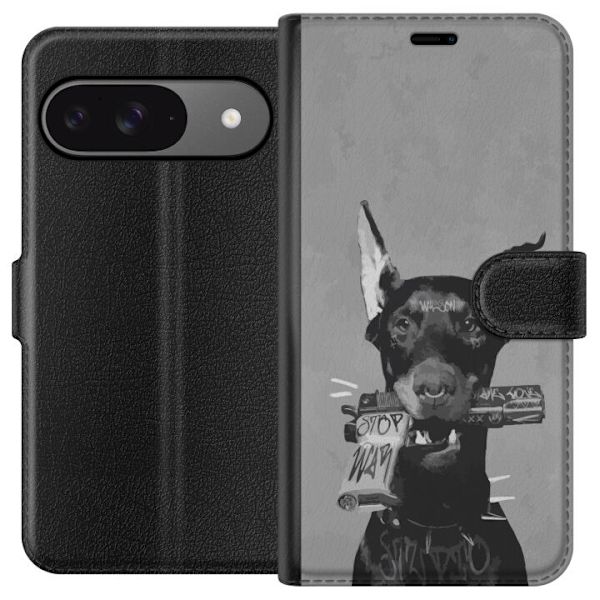 Google Pixel 9 Pro Lompakkokotelo Harmaa Koira Graafinen Suunnittelu Kovan Eläinaiheen Katutaide Urbaani Trendi Koiran Ystävä Tyyli Suosittu Aihe