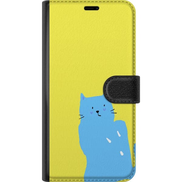 Kompatibel Tegnebogsetui til Google Pixel 9 Charmerende blå kat med enkle linjer og legende detaljer mod en knaldgul baggrund gul