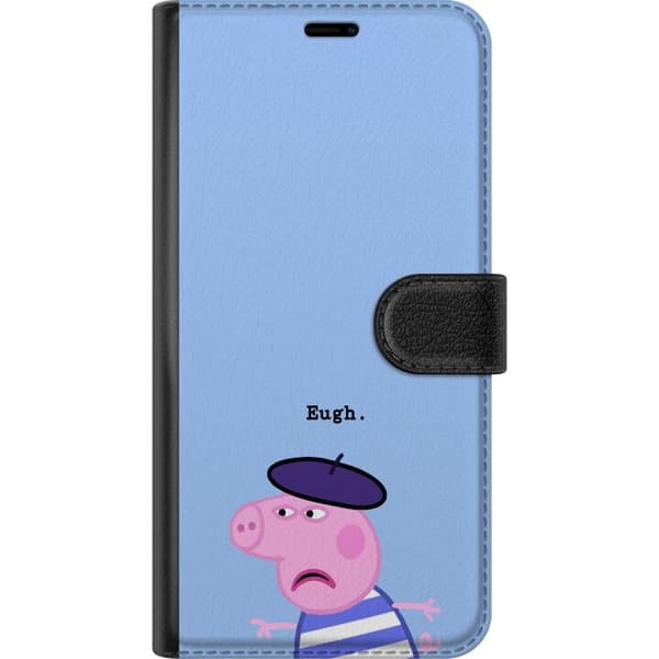 Kompatibel Tegnebogsetui til Apple iPhone 13 Peppa Pig-motiv med lilla basker, stribet trøje og teksten Eugh på lyseblå baggrund blå