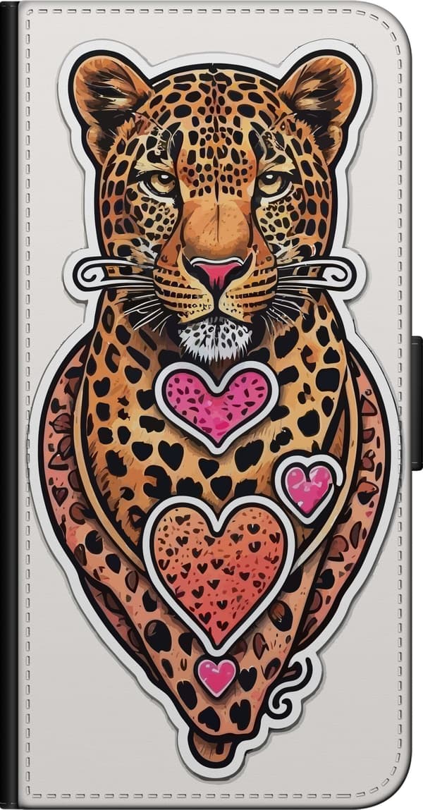 Kompatibel Tegnebogsetui til OnePlus 9 Pro Illustreret leopard med lyserøde og orange hjerter, sorte pletter og dekorative detaljer orange