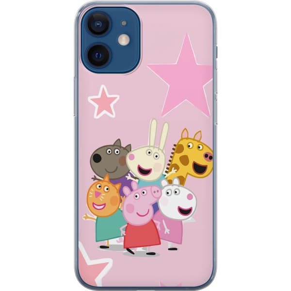 Kompatibel Mobilcover til Apple iPhone 12 mini Gurli Gris og venner samlet med stjerner på lyserød baggrund, farverig børneillustration