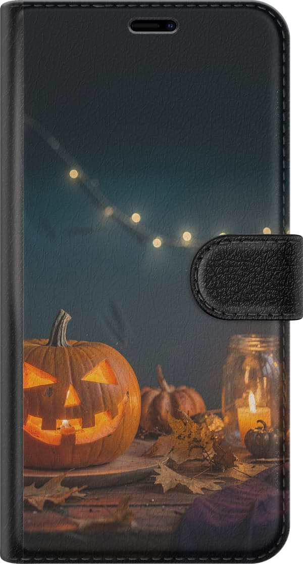 Kompatibel Tegnebogsetui til Apple iPhone 18 Pro Lysende halloween-græskar omgivet af levende lys og efterårsblade orange
