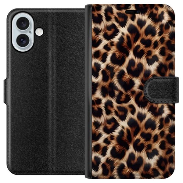 Kompatibel Tegnebogsetui til Apple iPhone 16 Plus Nær billede af leopardmønster med bløde pelsdetaljer i brune og sorte nuancer