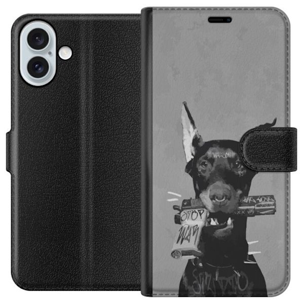 Apple iPhone 16 Plus Plånboksfodral Grå Hund Grafisk Design Tuff Djurmotiv Street Art Urban Trend Hundälskare Stil Populärt Motiv