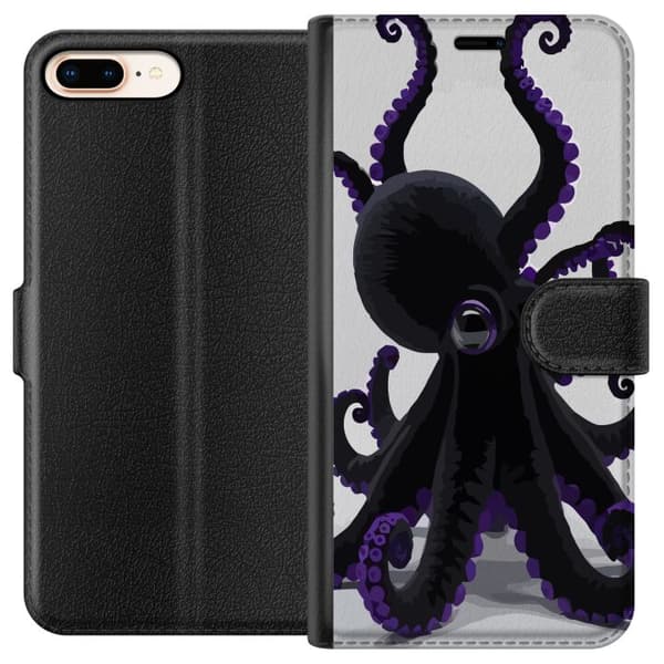 Kompatibel Tegnebogsetui til Apple iPhone 8 Plus Sort blæksprutte med lilla detaljer i et elegant havtema mod en lys baggrund sort