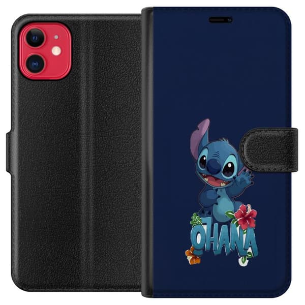 Kompatibel Tegnebogsetui til Apple iPhone 11 Charmerende blå tegnet figur, der vinker over tekst og tropiske hibiscusblomster mod mørkeblå baggrund blå