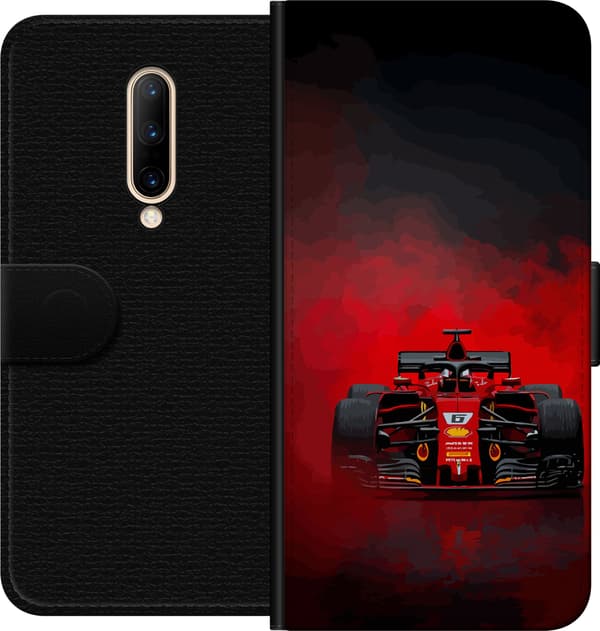Kompatibel Tegnebogsetui til OnePlus 7 Pro Rød formelbil set forfra under en rød røgsky på sort baggrund sort