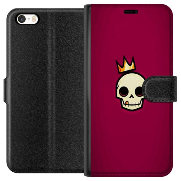 Kompatibel Tegnebogsetui til Apple iPhone 5 Minimalistisk kranium med gul krone mod mørkerød baggrund rød